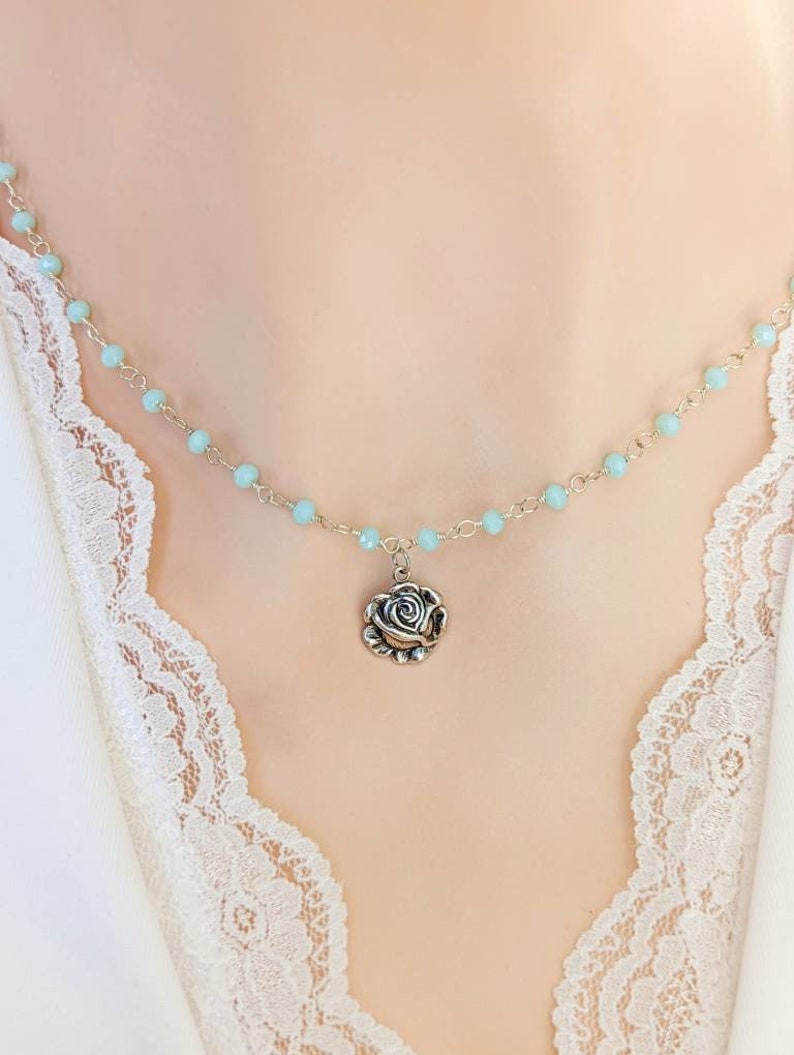 Silver Rose Necklace: Aqua Chalcedony Rosary Chain Pendant