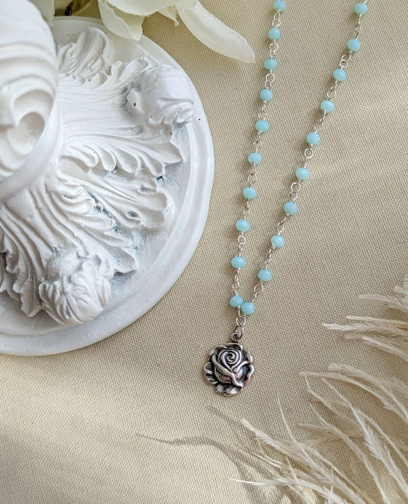 Silver Rose Necklace: Aqua Chalcedony Rosary Chain Pendant
