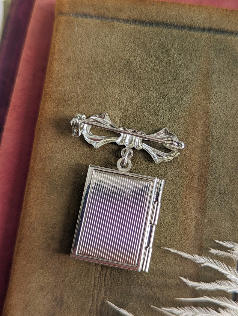Silver Book Locket Brooch: Bridal Bouquet Memory Pin, Book Lover Gift