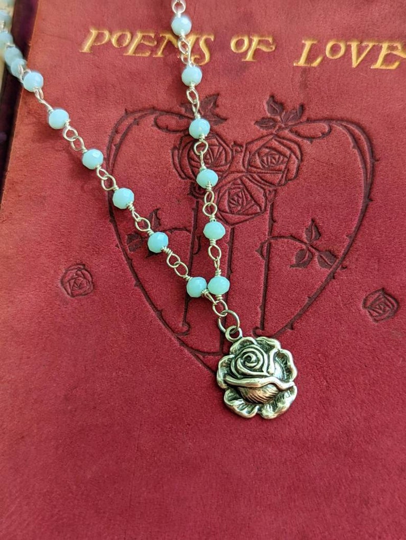 Silver Rose Necklace: Aqua Chalcedony Rosary Chain Pendant
