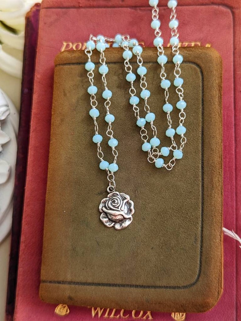 Silver Rose Necklace: Aqua Chalcedony Rosary Chain Pendant
