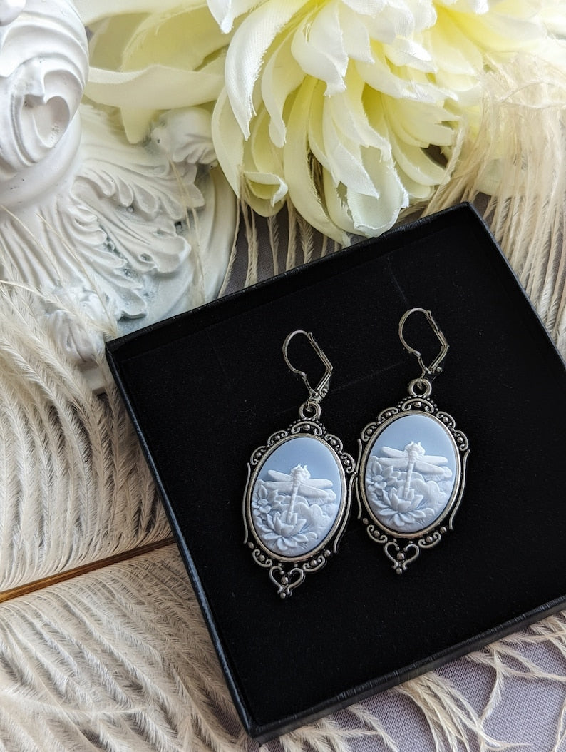Dragonfly Cameo Earrings – Brass Victorian Style, Nature-Inspired Jewelry