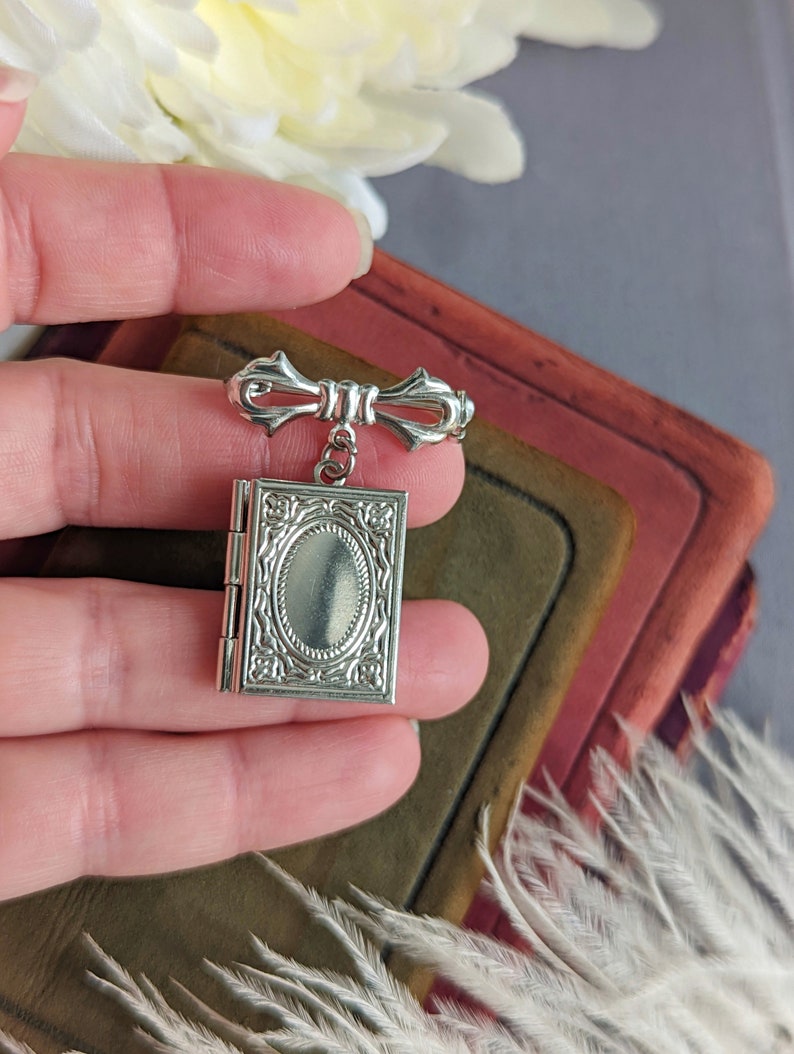 Silver Book Locket Brooch: Bridal Bouquet Memory Pin, Book Lover Gift