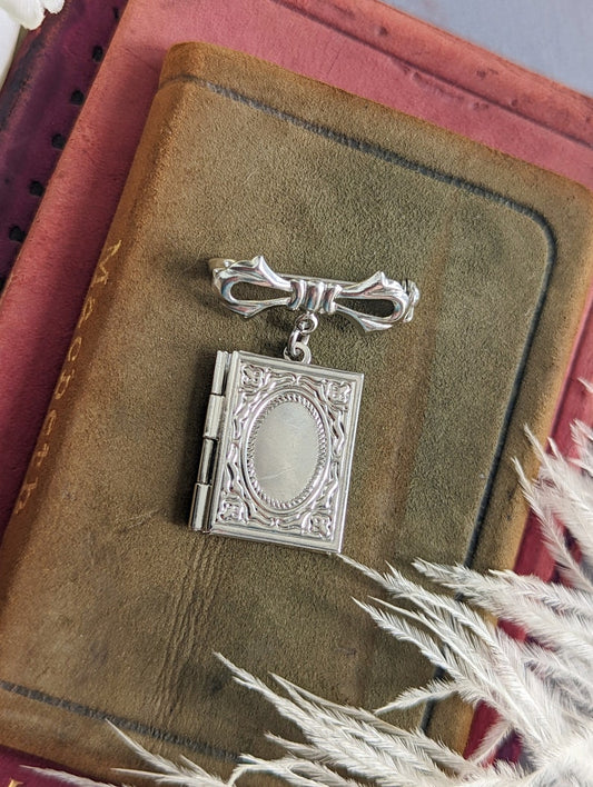 Silver Book Locket Brooch: Bridal Bouquet Memory Pin, Book Lover Gift
