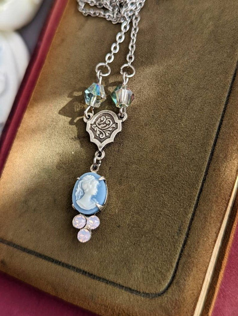 Blue Cameo Pendant Necklace with Rosewater Opals, Victorian Jewelry