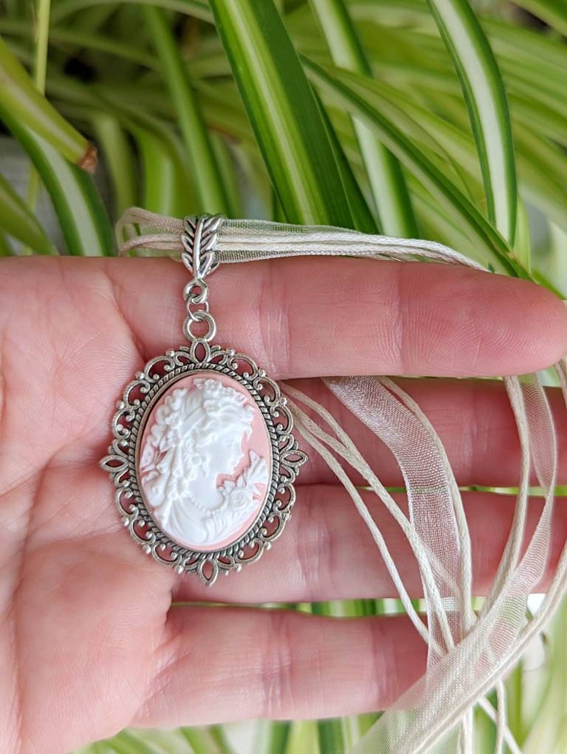 Victorian Cameo Ribbon Choker Necklace, Vintage Lady Pendant