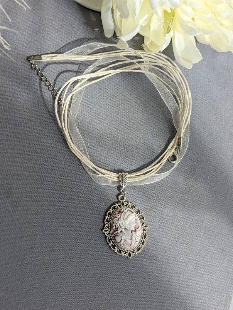 Victorian Cameo Ribbon Choker Necklace, Vintage Lady Pendant