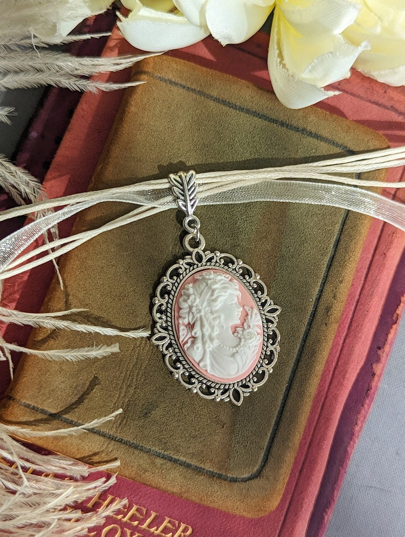 Pink Lady Cameo on Cream Organza Ribbon Choker - Silver Victorian Setting on an old book with flowers and ribbons