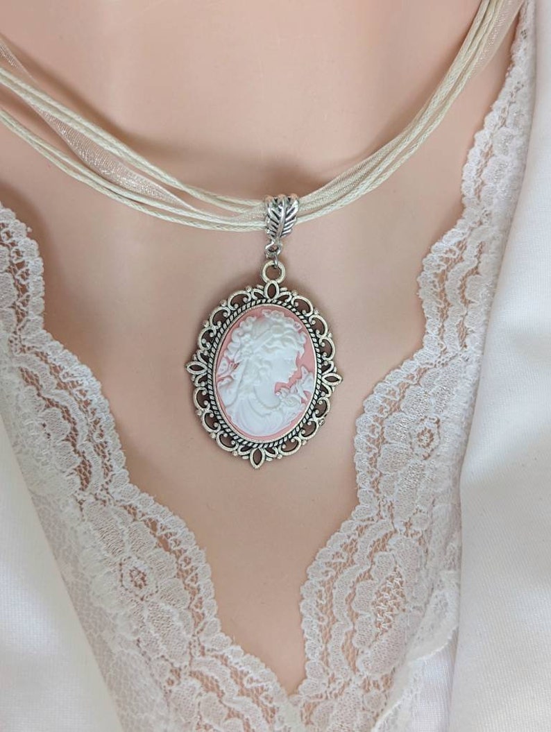 Victorian Cameo Ribbon Choker Necklace, Vintage Lady Pendant