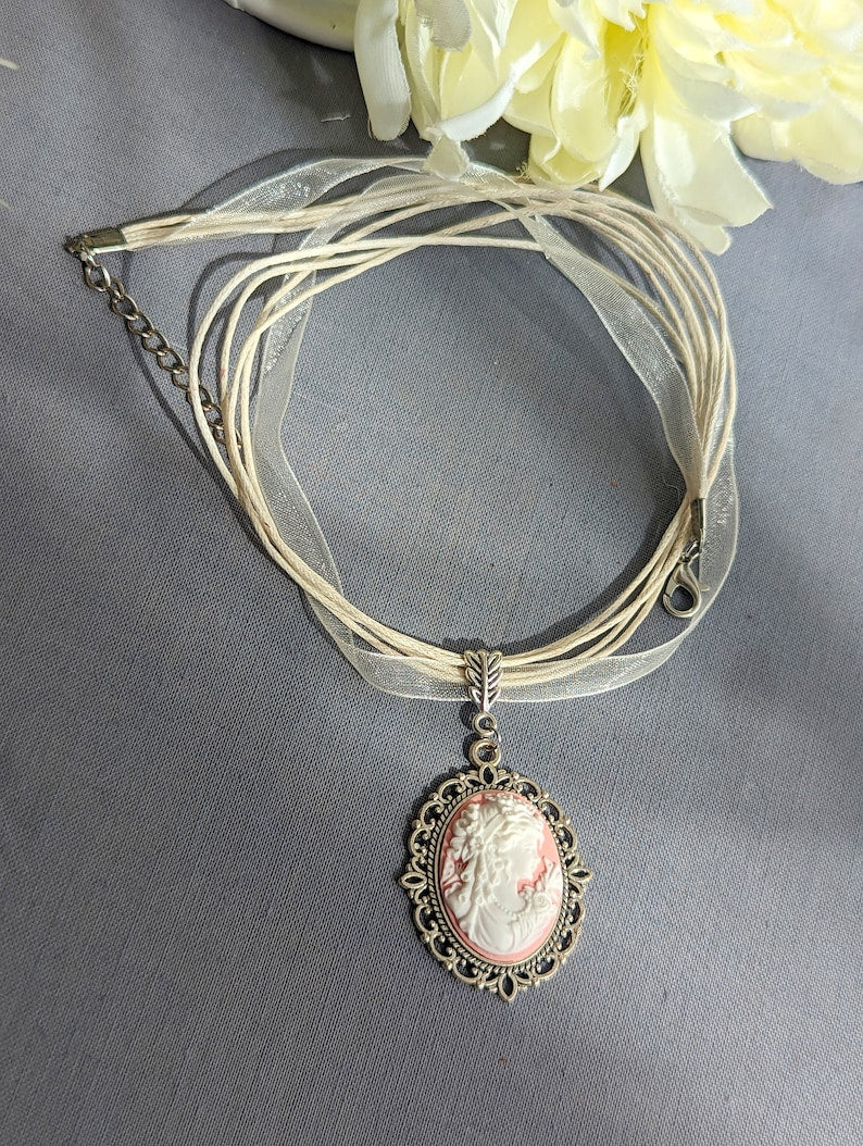 Pink Lady Cameo on Cream Organza Ribbon Choker in Silver Victorian Setting