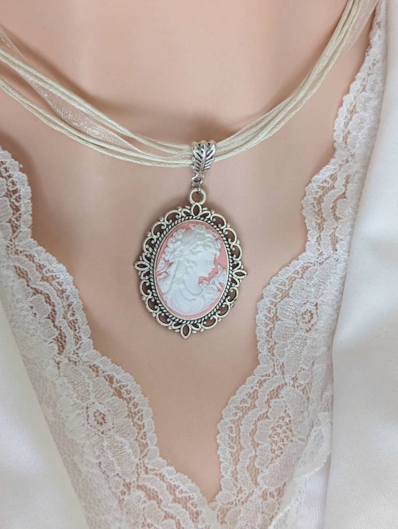 Pink Lady Cameo on Cream Organza Ribbon Choker in Silver Victorian Setting