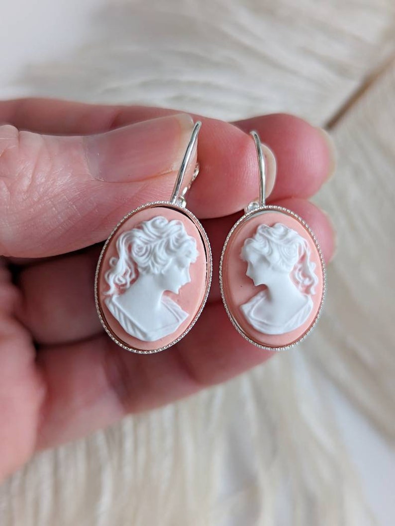 Black Cameo Drop Earrings: Silver Victorian Style Lever Backs