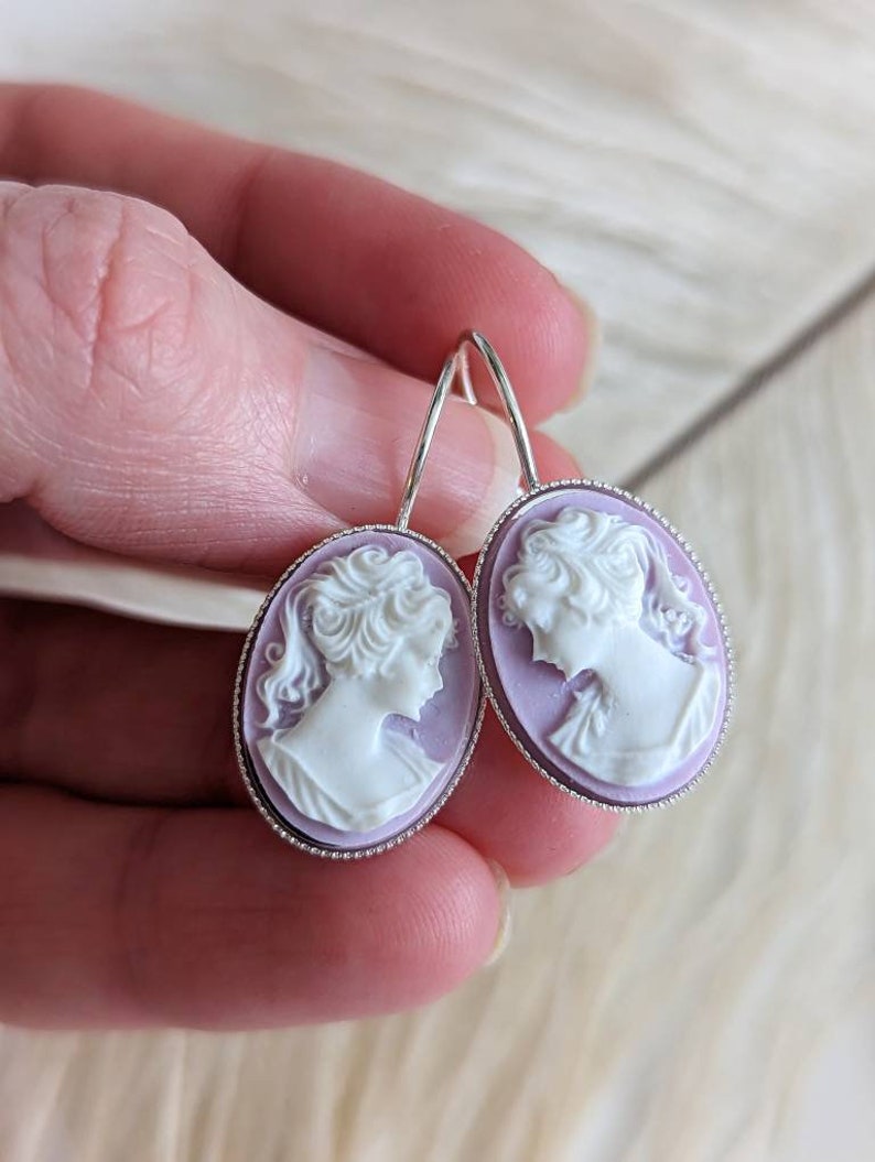 Black Cameo Drop Earrings: Silver Victorian Style Lever Backs