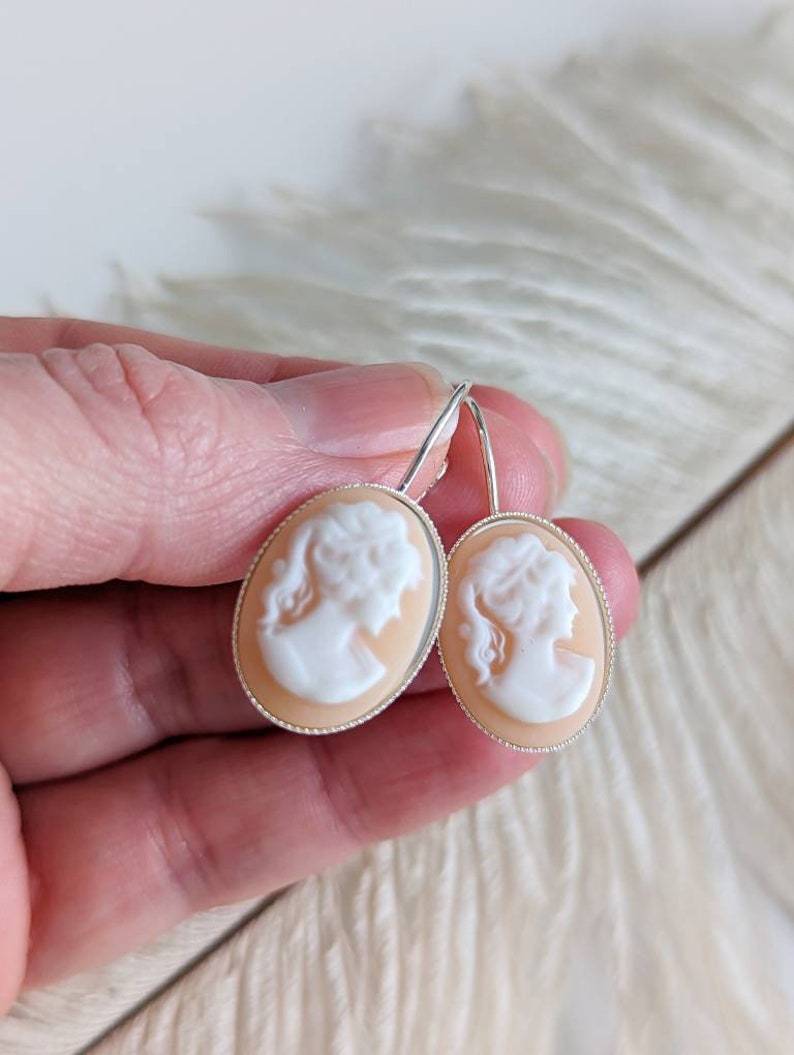 Black Cameo Drop Earrings: Silver Victorian Style Lever Backs