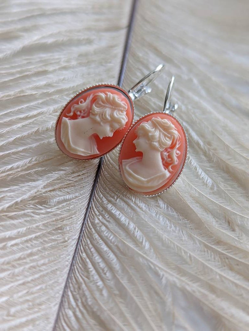Black Cameo Drop Earrings: Silver Victorian Style Lever Backs