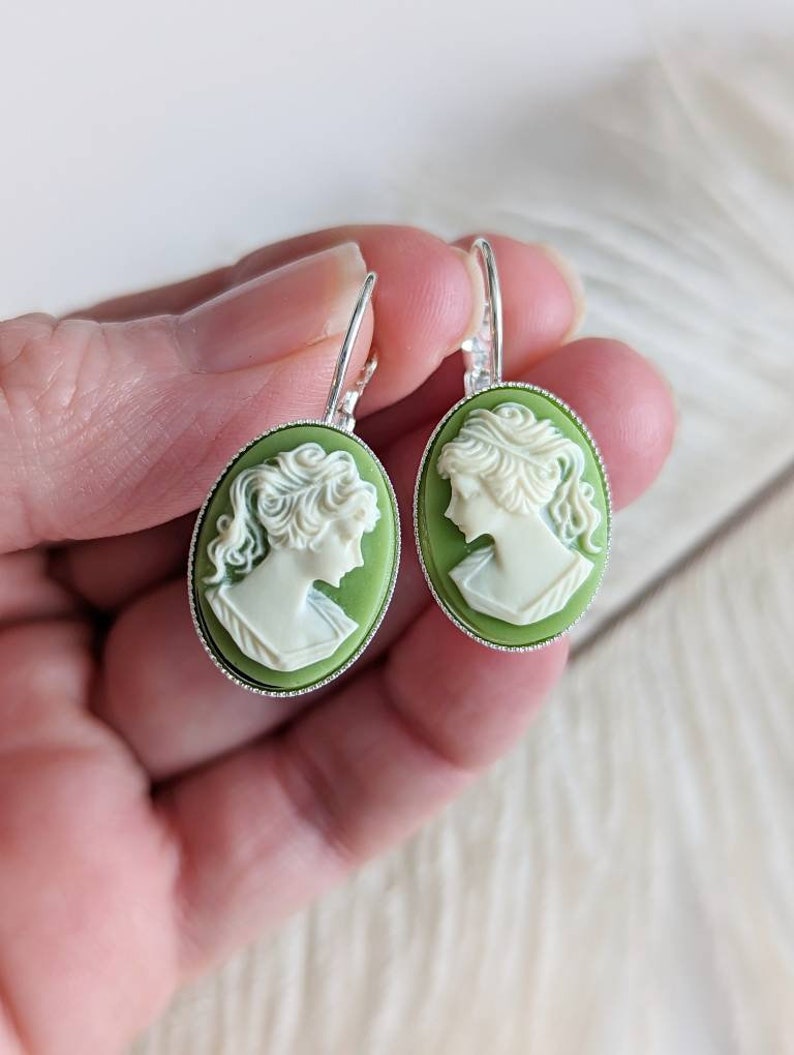 Black Cameo Drop Earrings: Silver Victorian Style Lever Backs