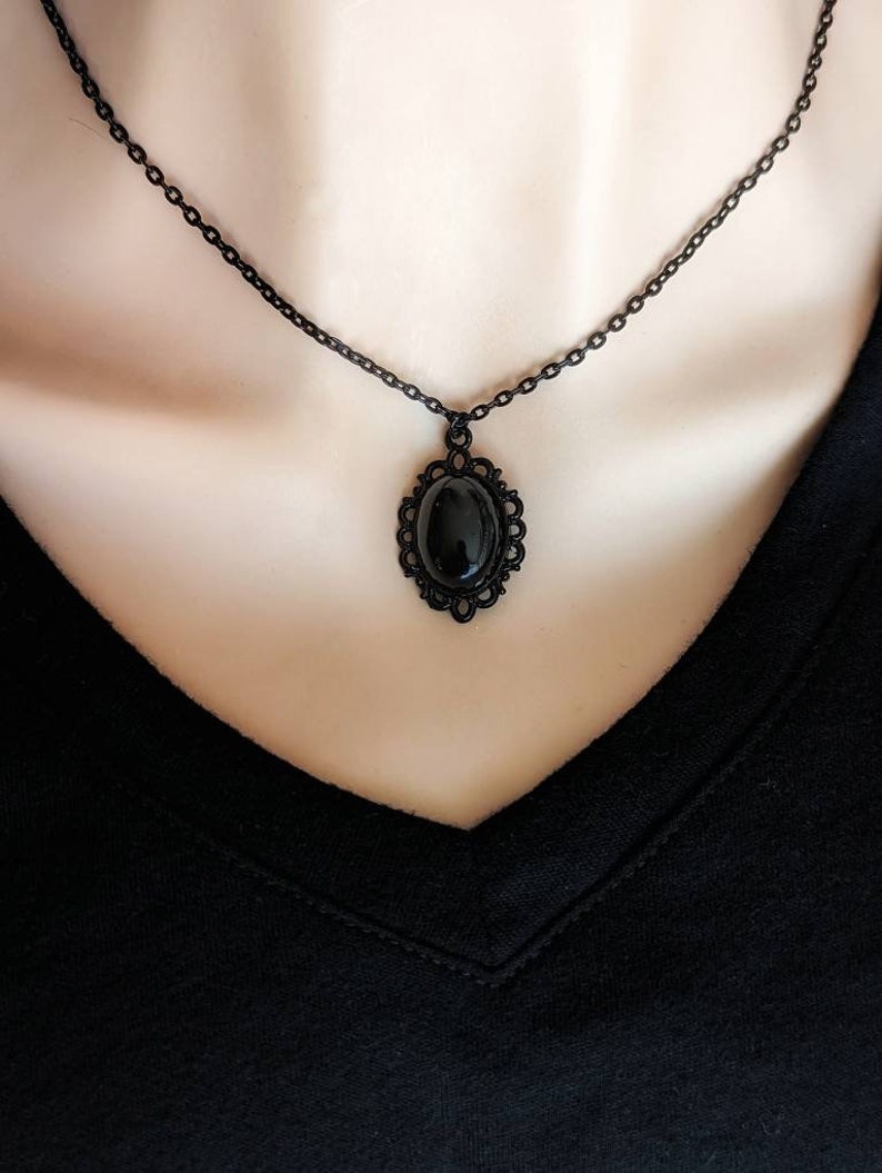 Obsidian Pendant Necklace, Black Gemstone Jewelry, Gothic Vintage Romance