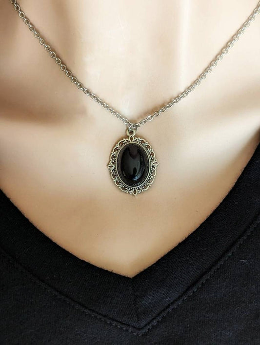 Obsidian Pendant Necklace, Black Gemstone Jewelry, Gothic Vintage Romance