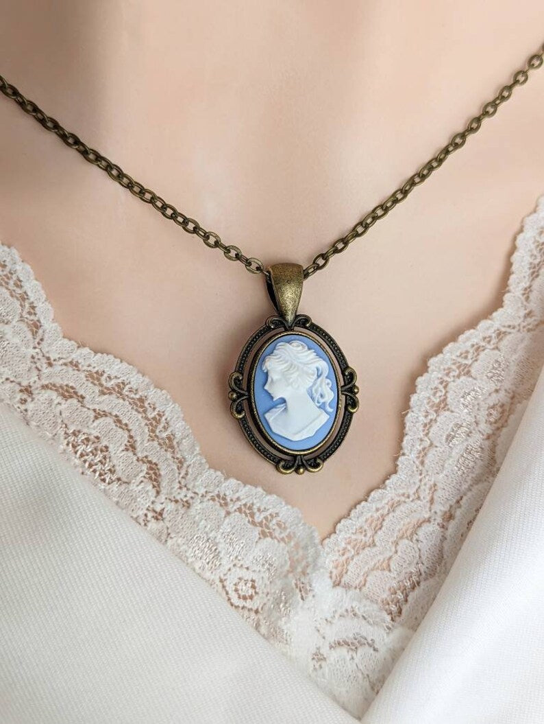 Blue Cameo Necklace, Victorian Style Goddess Jewelry Gift for Her