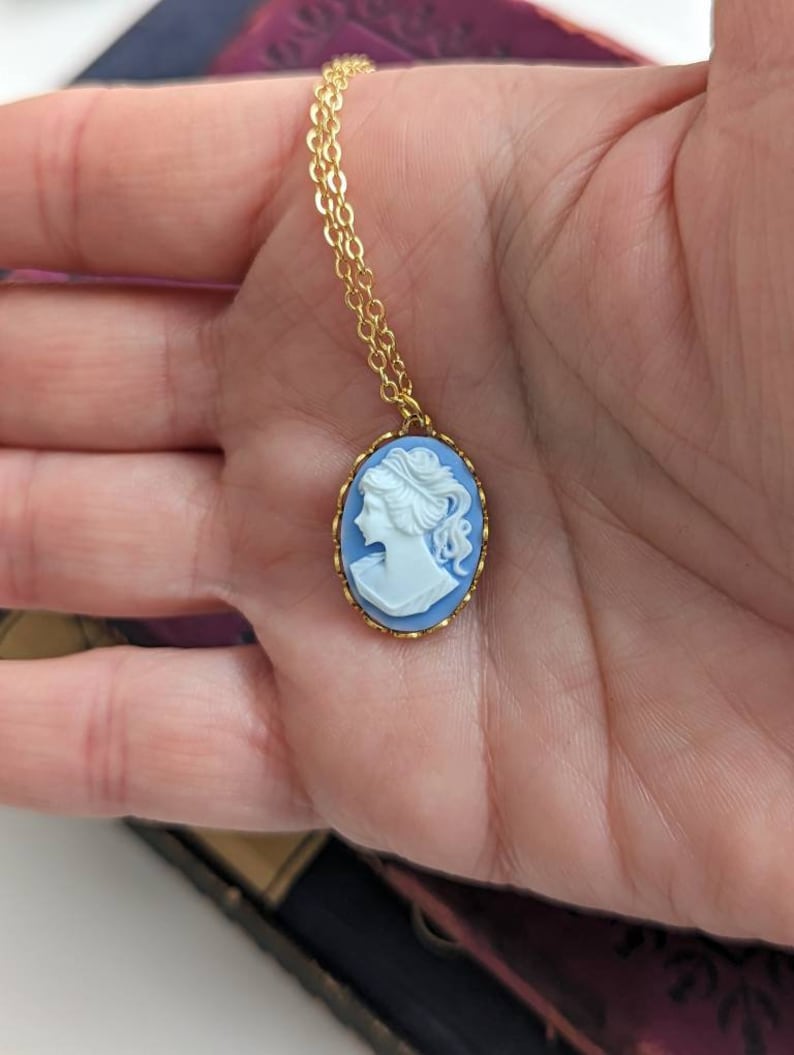 Gold Cameo Necklace, Dainty Blue Portrait Pendant, Vintage Style Handmade Jewelry