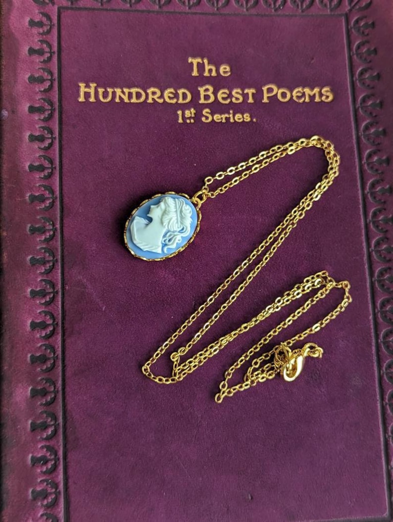 Gold Cameo Necklace, Dainty Blue Portrait Pendant, Vintage Style Handmade Jewelry