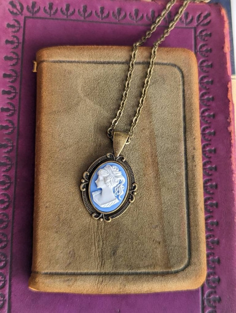 Blue Cameo Necklace, Victorian Style Goddess Jewelry Gift for Her