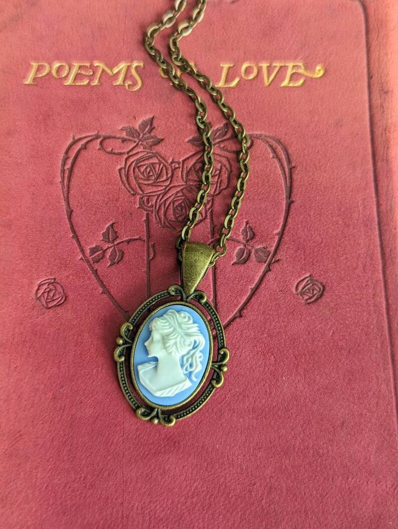 Blue Cameo Necklace, Victorian Style Goddess Jewelry Gift for Her