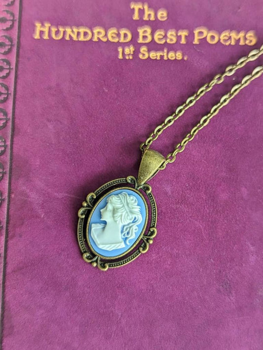 Blue Cameo Necklace, Victorian Style Goddess Jewelry Gift for Her