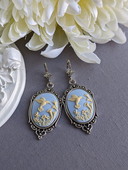 Blue Hummingbird Cameo Earrings: Vintage Style Romantic Jewelry