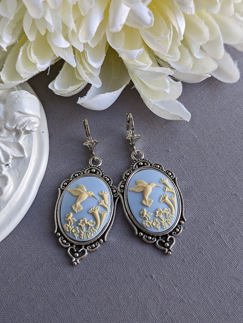 Blue Hummingbird Cameo Earrings: Vintage Style Romantic Jewelry