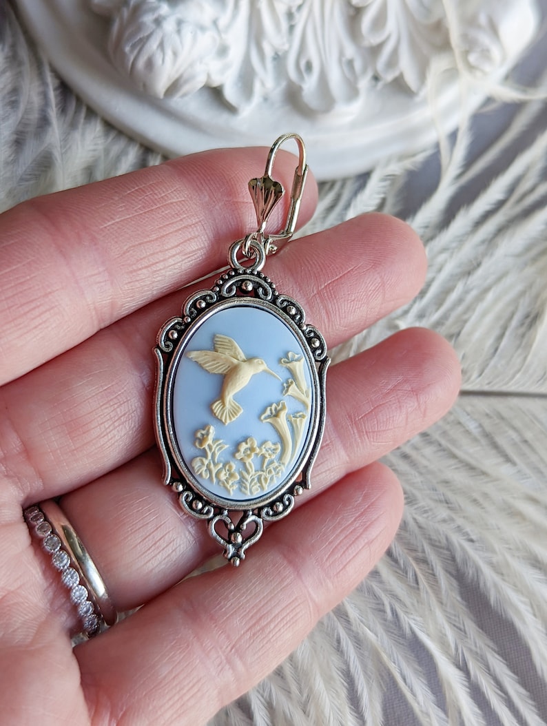 Blue Hummingbird Cameo Earrings: Vintage Style Romantic Jewelry