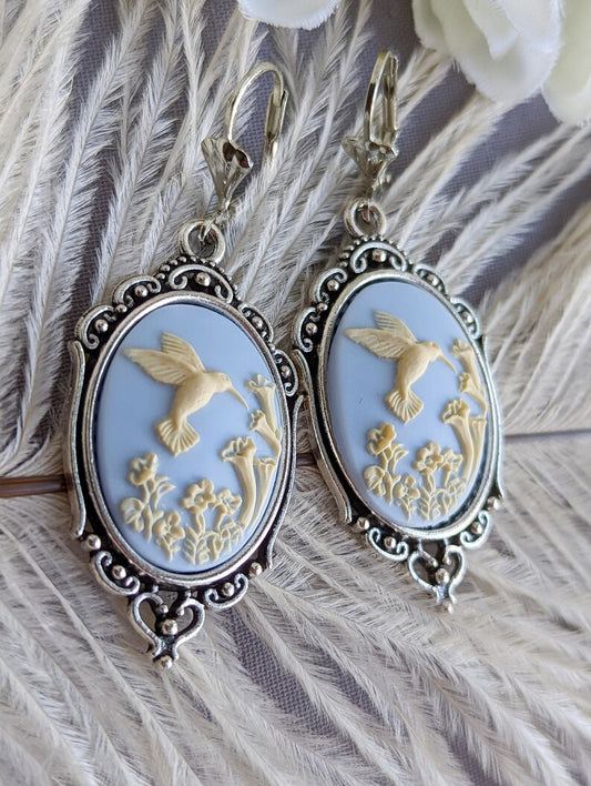 Blue Hummingbird Cameo Earrings: Vintage Style Romantic Jewelry