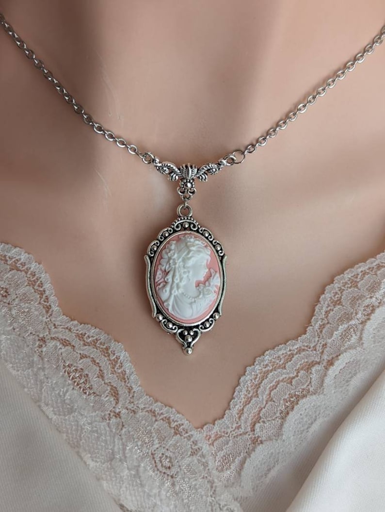 Victorian Goddess Cameo Necklace, Antique Silver Wedding Jewelry