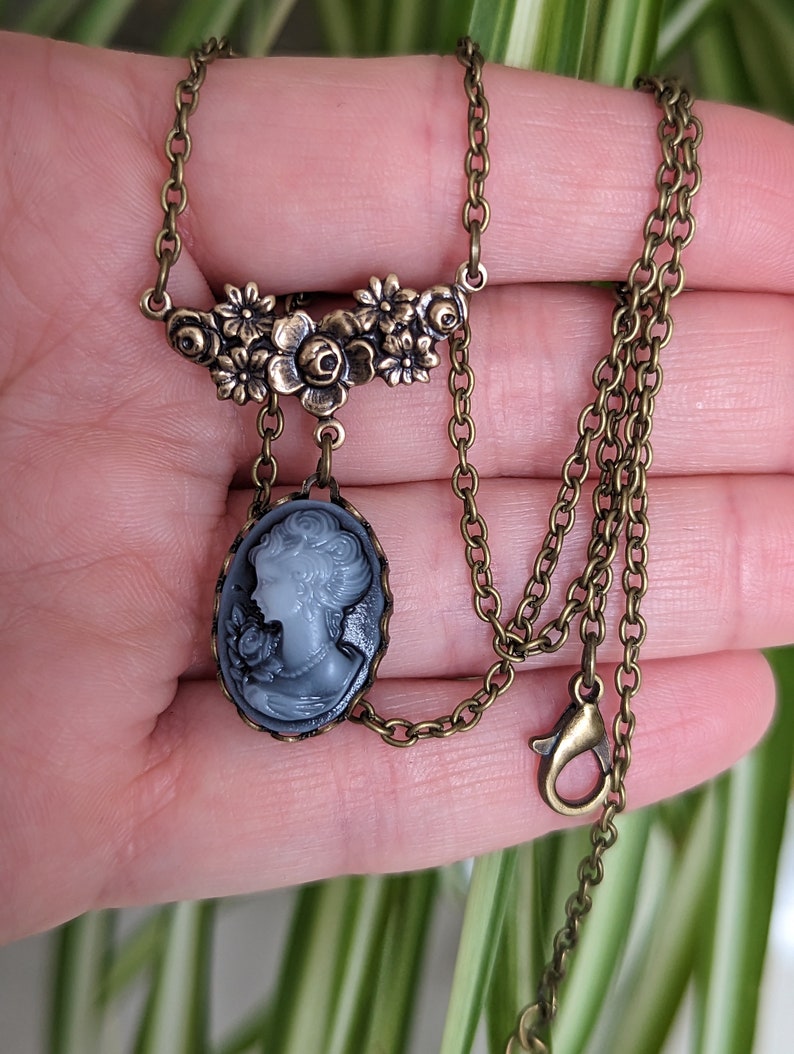 Blue Cameo Necklace: Vintage Lady Portrait in Oxidized Brass Pendant