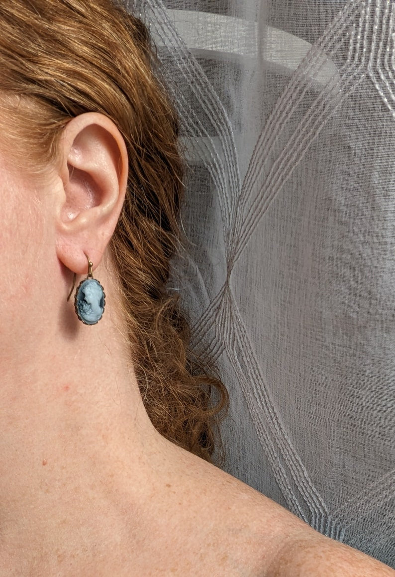 Blue Cameo Necklace: Vintage Lady Portrait in Oxidized Brass Pendant