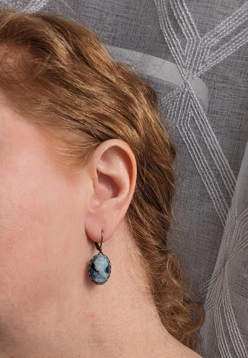 Blue Cameo Necklace: Vintage Lady Portrait in Oxidized Brass Pendant