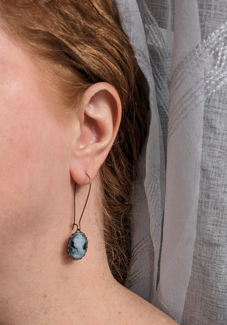 Blue Cameo Necklace: Vintage Lady Portrait in Oxidized Brass Pendant