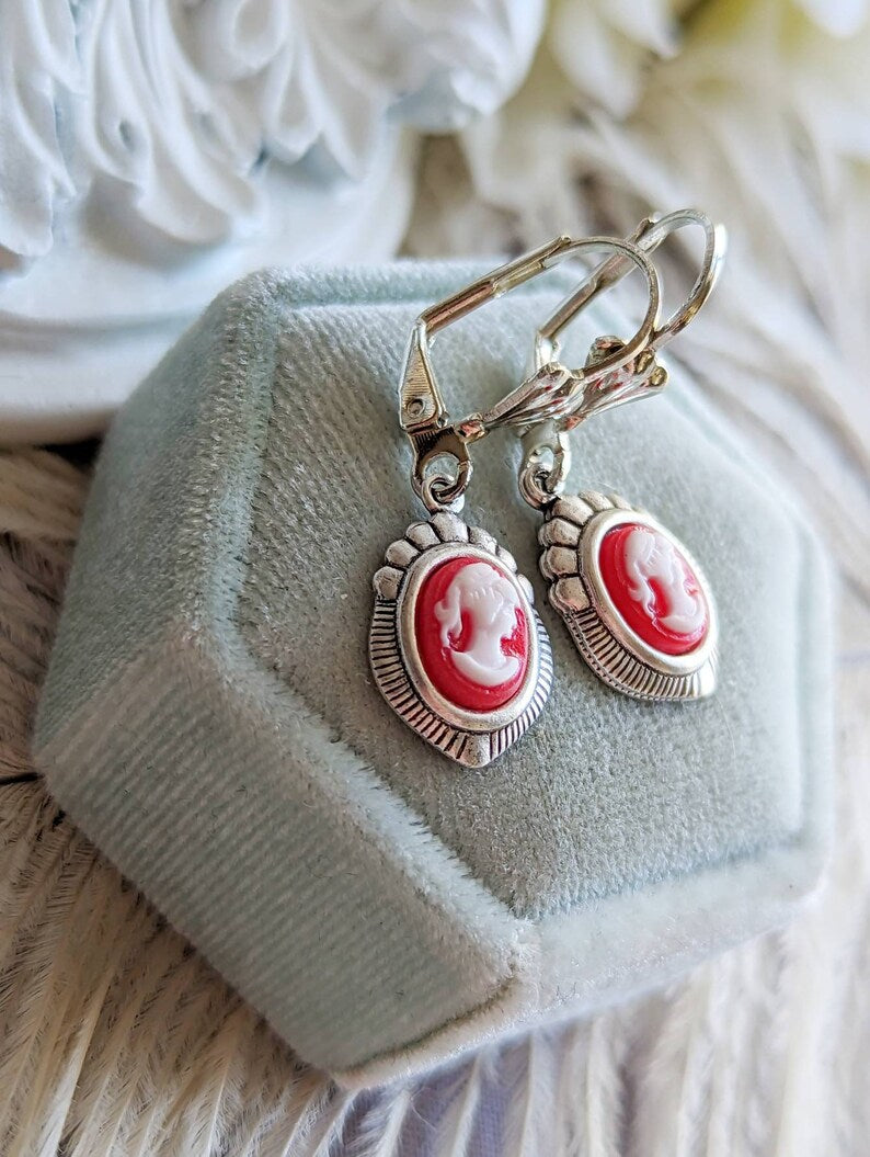 Blue Cameo Earrings: Silver Victorian Style Jewelry, Something Blue