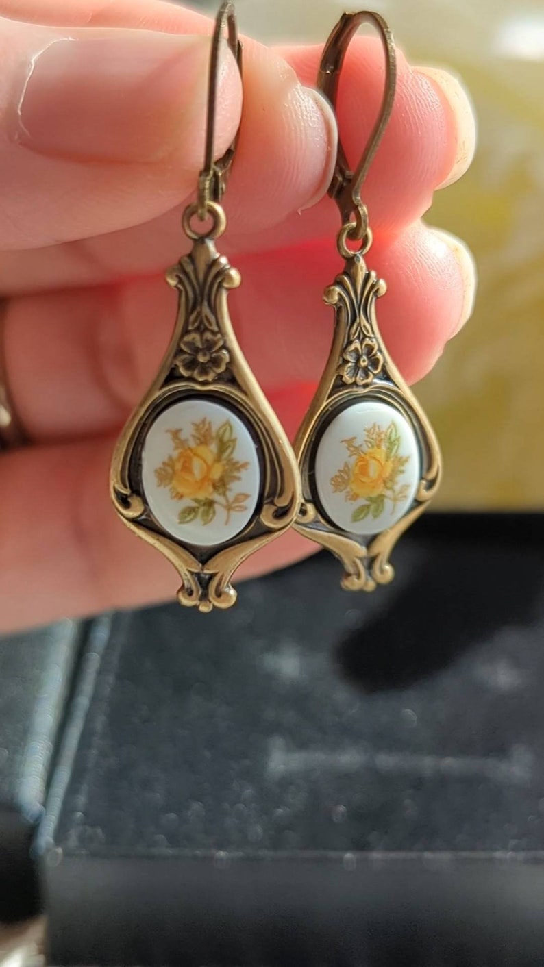 Yellow Rose Limoges Earrings: Antique Style Botanical Jewelry