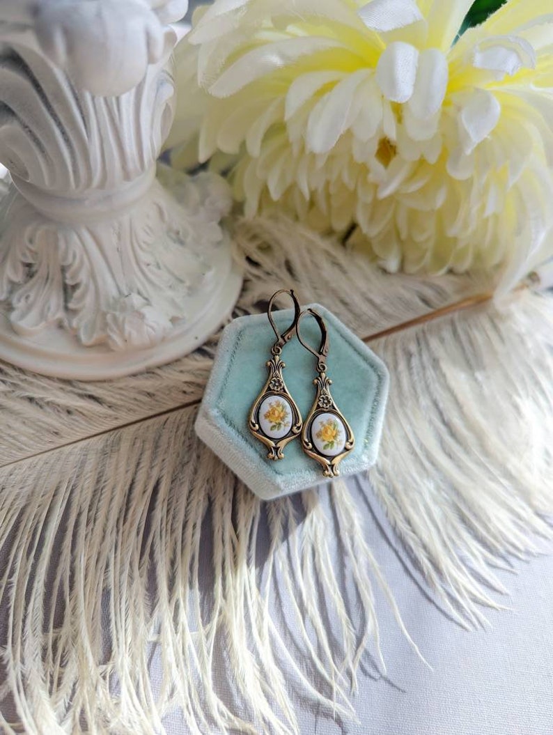 Yellow Rose Limoges Earrings: Antique Style Botanical Jewelry