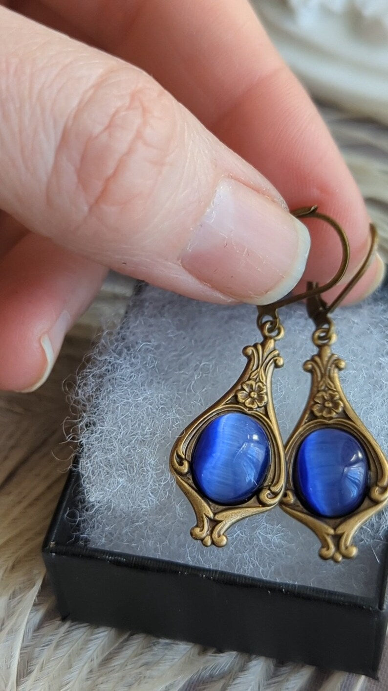 Victorian Sapphire Blue Earrings: Antique Gold Floral Jewelry