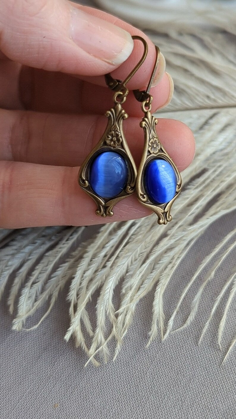 Victorian Sapphire Blue Earrings: Antique Gold Floral Jewelry