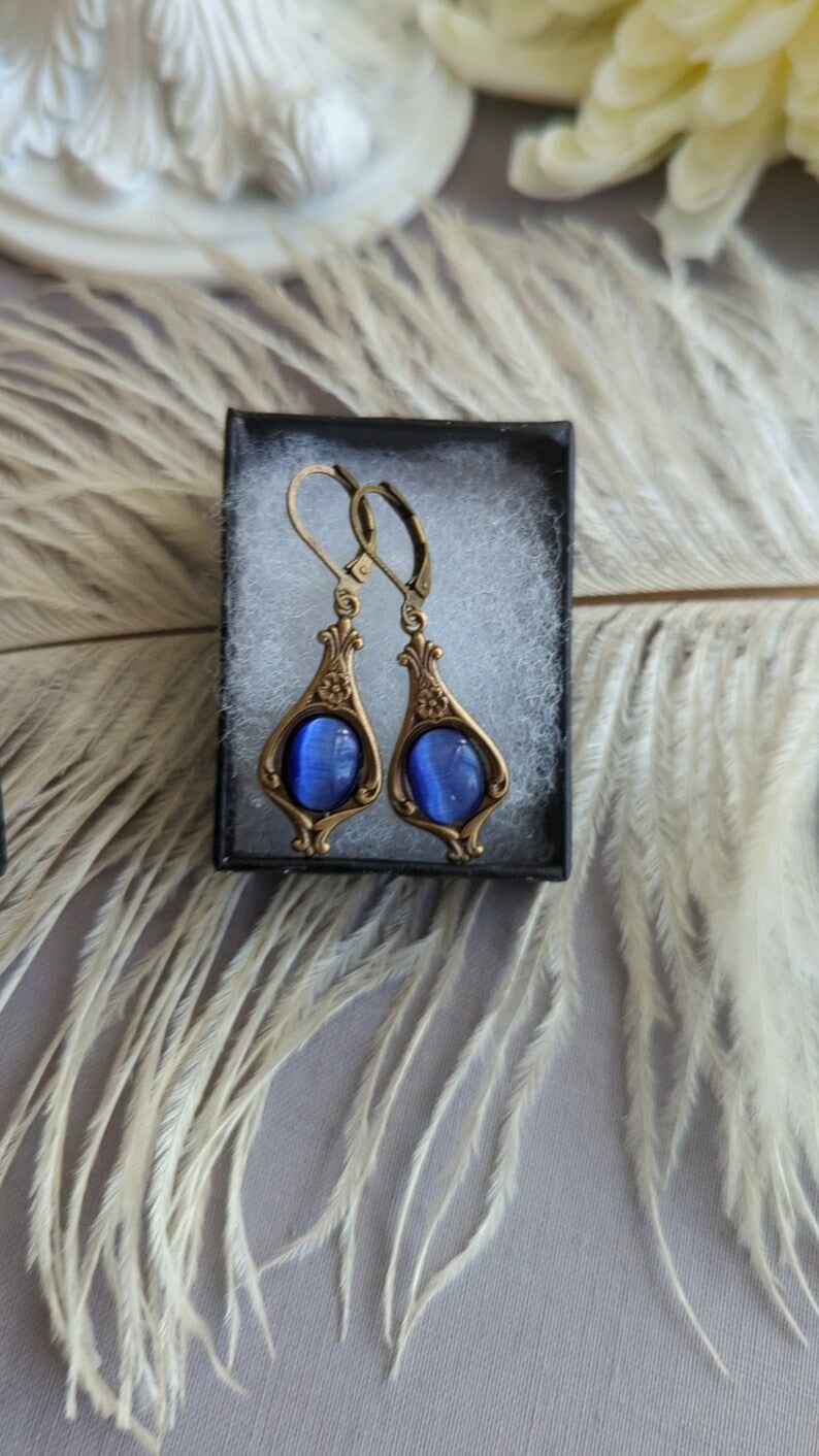 Victorian Sapphire Blue Earrings: Antique Gold Floral Jewelry