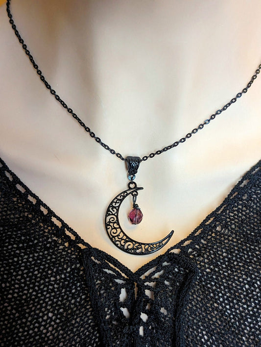 Black Crescent Moon Necklace: Filigree Celestial Jewelry, Amethyst Bead