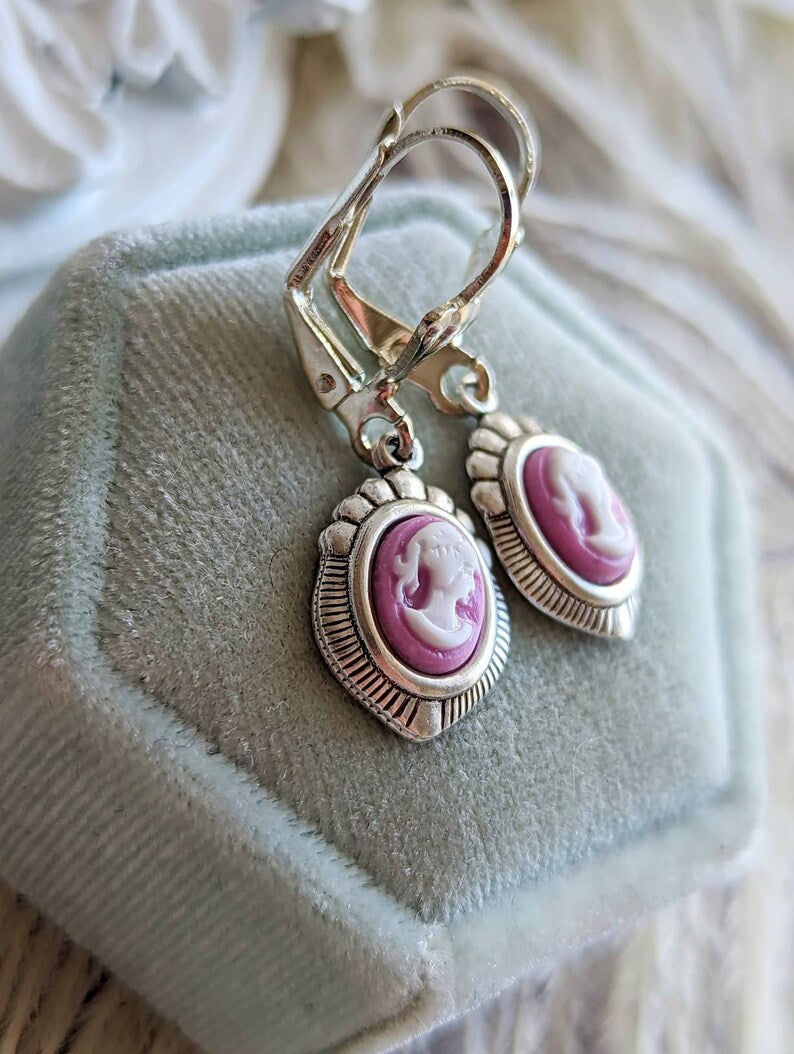 Blue Cameo Earrings: Silver Victorian Style Jewelry, Something Blue