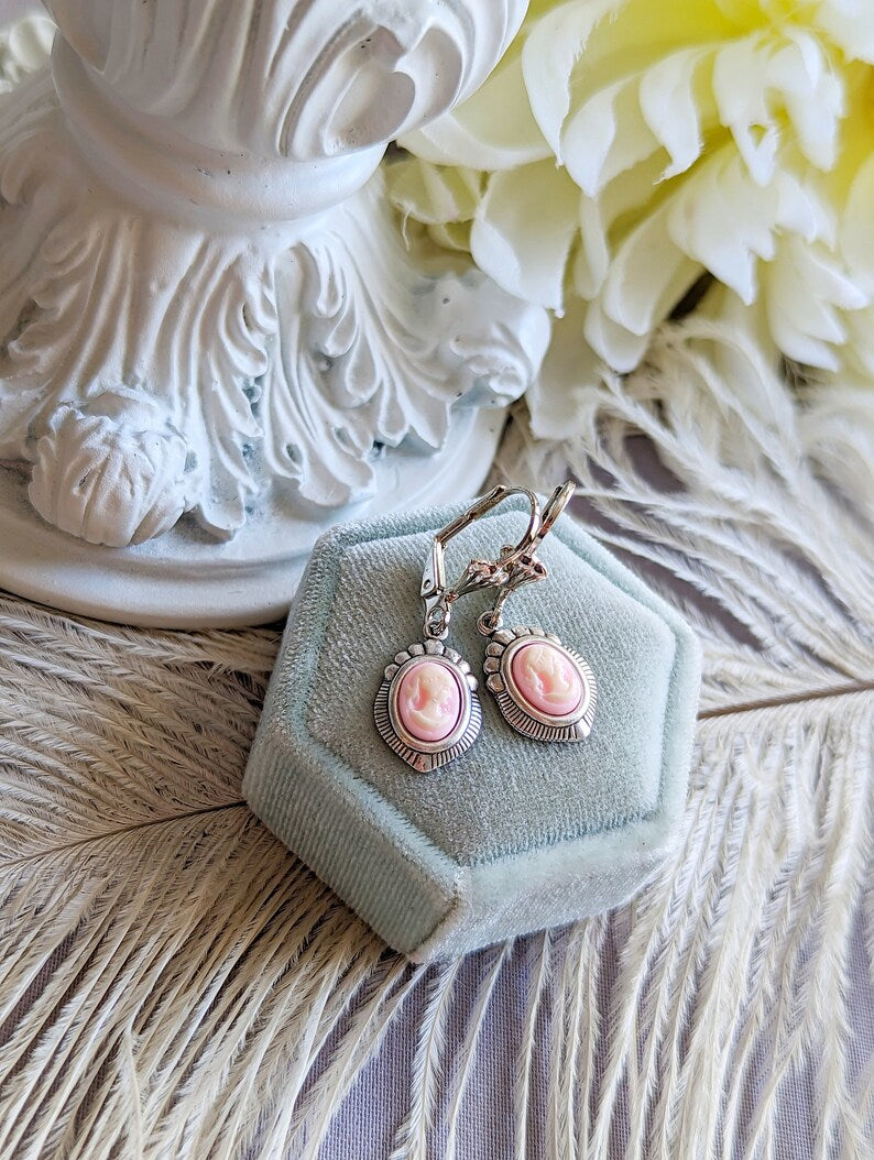 Blue Cameo Earrings: Silver Victorian Style Jewelry, Something Blue