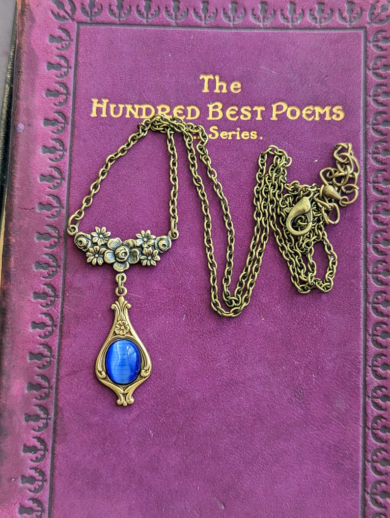 Vintage Sapphire Blue Necklace | Floral Teardrop Pendant, Art Nouveau