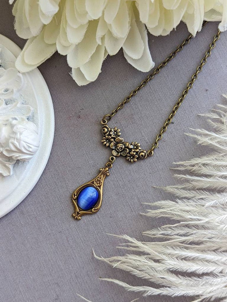 Vintage Sapphire Blue Necklace | Floral Teardrop Pendant, Art Nouveau