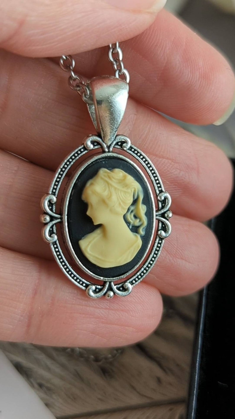 Black Cameo Necklace, Victorian Style Lady Pendant Antiqued Silver