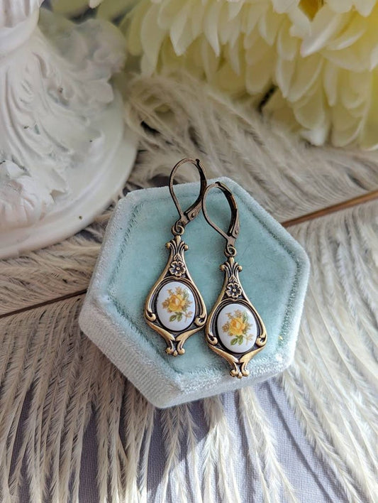 Yellow Rose Limoges Earrings: Antique Style Botanical Jewelry
